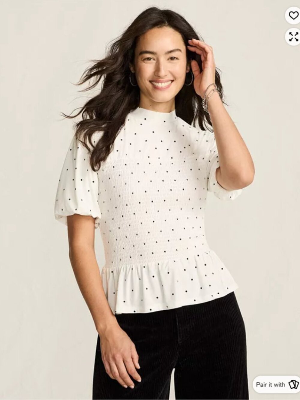 Lands' End Bubble Sleeve Silky Knit Smocked Mock Neck Top Ivory/Black Polka Dot
